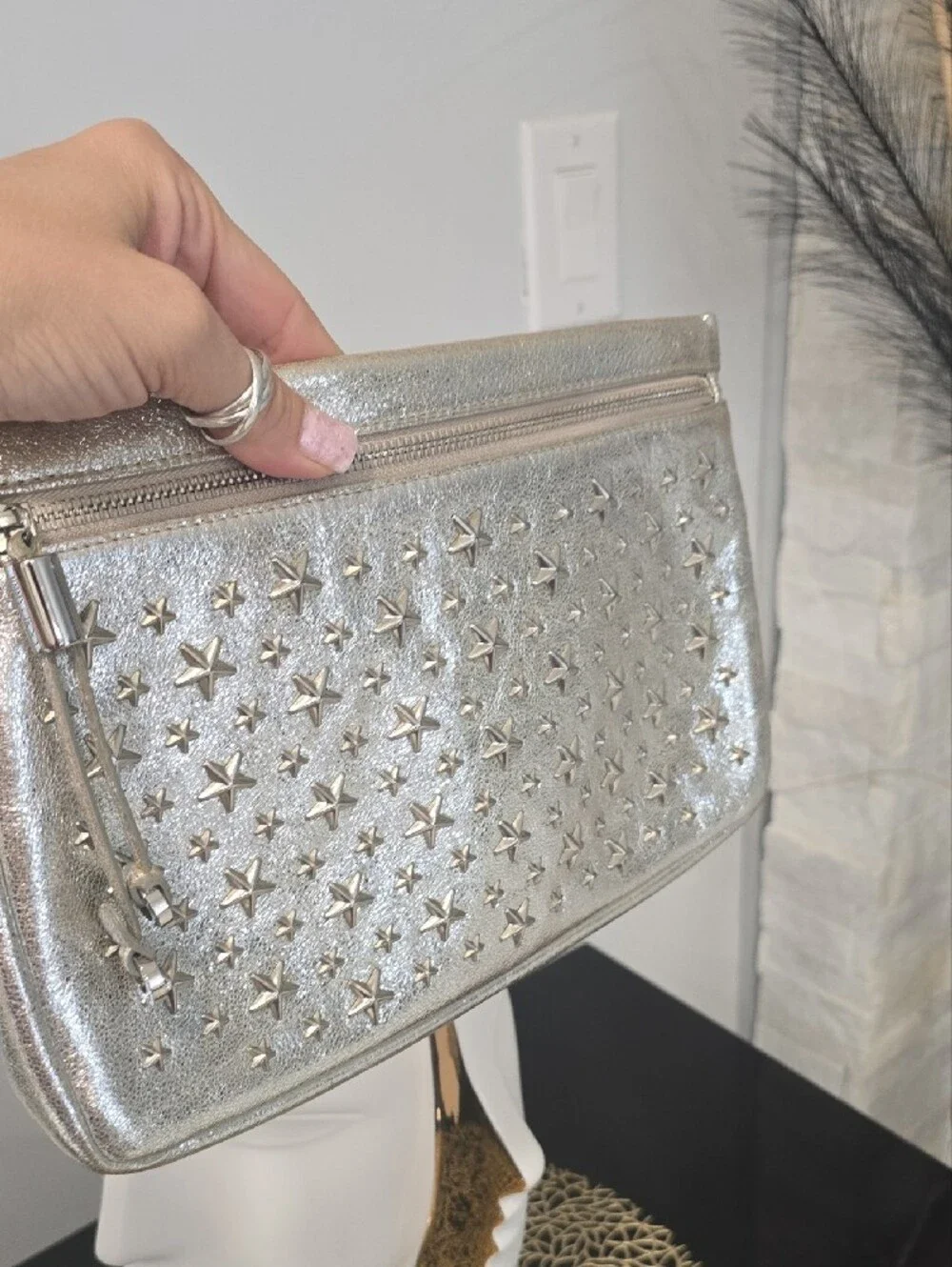 Jimmy Choo Metallic Silver And Gold Star-Studded Wristlet Clutch